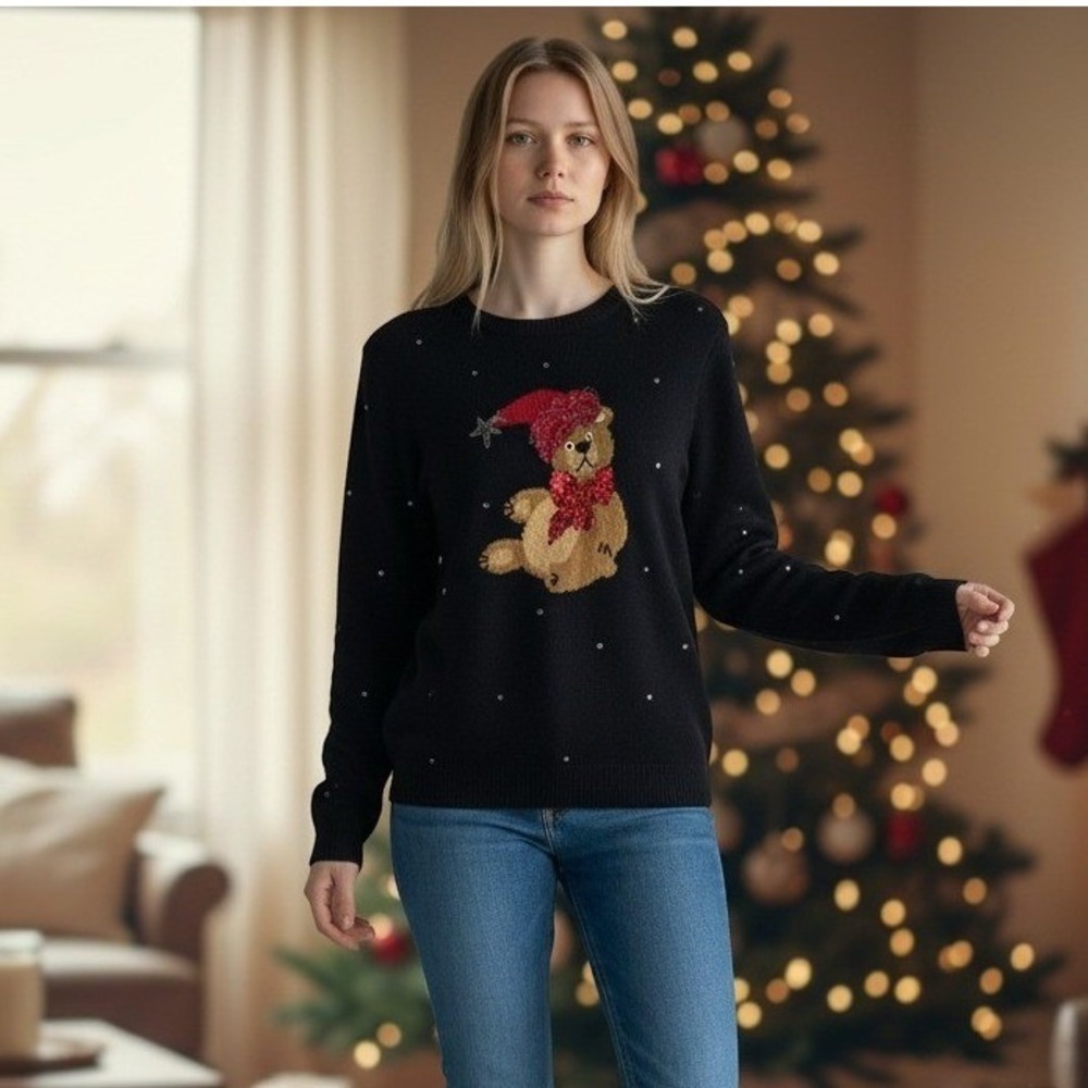 Vintage SUSAN BRISTOL Unisex Christmas Teddy Bear Sequin Sweater Black SB347 Med